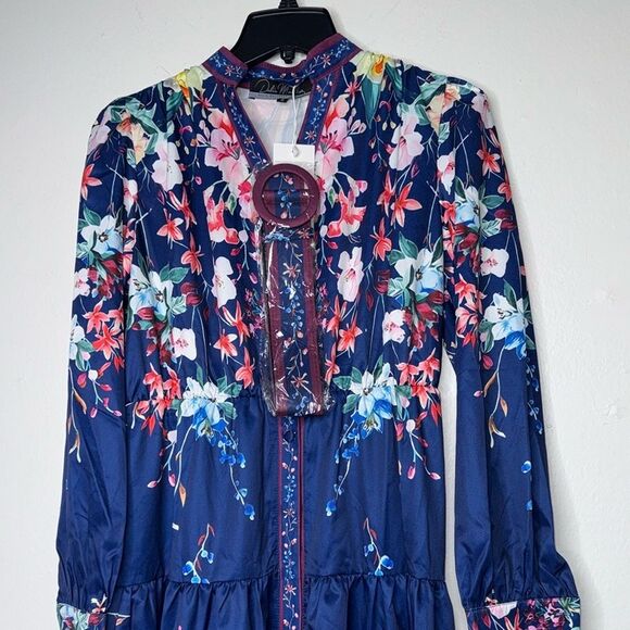 Dalia MacPhee Dress Large Black Pink Floral Button-Front Long Sleeve midi Size S - Picture 10 of 14